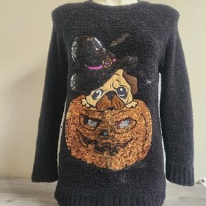 POOF‎ Halloween Pug Pumpkin Bats Sequin Fuzzy Black Sweater Top Size S Sparkly